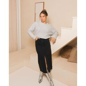 NWT Happily Grey Black Denim Midi Skirt With Frayed Hem & Side Slit Size 28